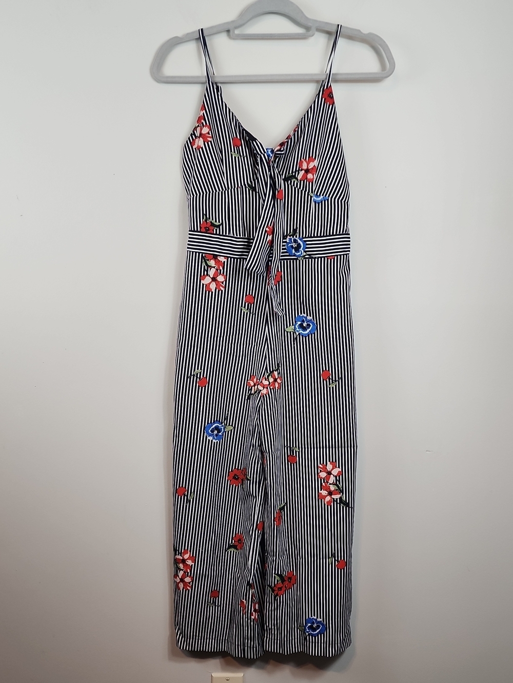 Japna Size S romper jumpsuit stripes flowers knot tie smocked back